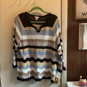 LOGO by Lori Goldstein Striped Open-Knit V-Neck Sweater in Black, Blue, Cream